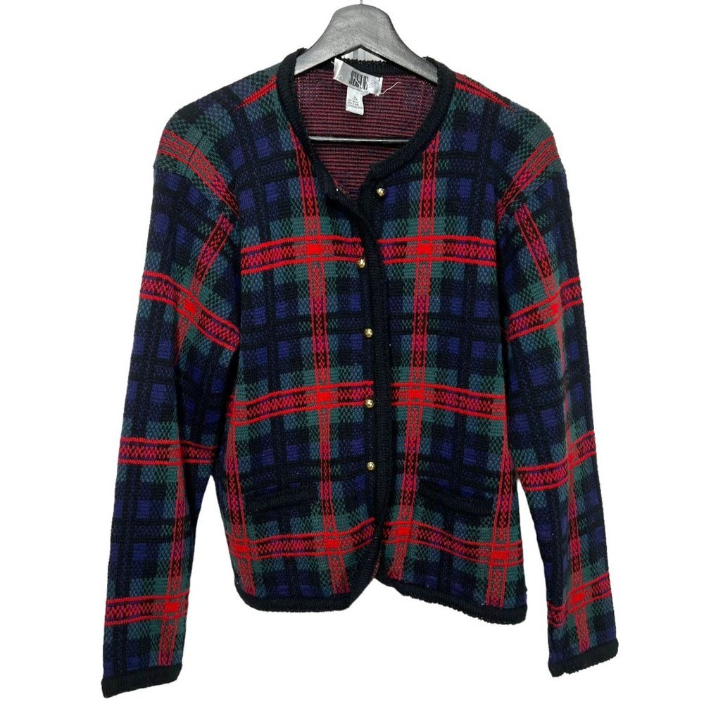 Vintage 90s Red Blue Green Plaid Preppy Knit Button Up Cardigan Large